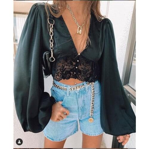 FUFUCAILLM Fashion Lace Splicing Top Sexy Ladies Deep V-Neck Blouses with Button Long Sleeve Hollow-Out Blouses