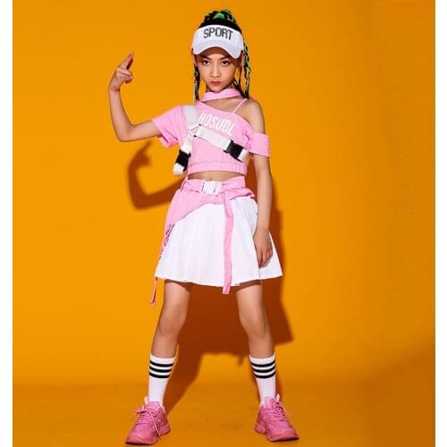 Jazz Dance Costume Pink Suit Girls Catwalk Stage Wear Crop Tops Skirt Kids Hip Hop Clothing Cheerleader Performance Wear BL6245