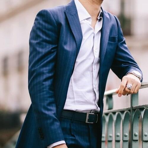 Spring Fashion Luxury Tailor Made Navy Blue Stripe Male Suits Slim Fit Tuxedo For Wedding Dress Party Costome (Jacket+Pants)