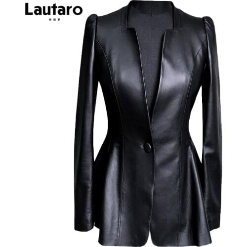 Lautaro Autumn Black Slim Soft Pu Leather Jacket Women Deep V Neck Long Puff Sleeve Elegant Luxury Skirted Blazer Fashion 2021