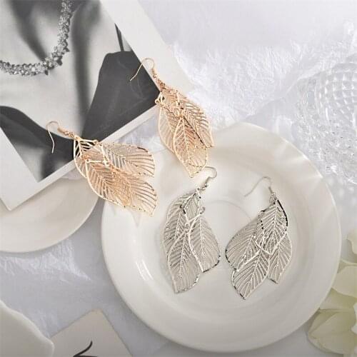 Fashion Hollow Flower Gold Silver Color Leaf Drop Dangling Earrings Party Jewelry Wedding Bridal Tassel Long Earrings for Women