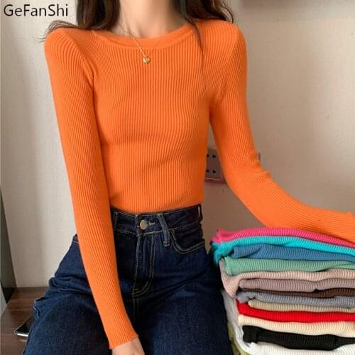 2021 New Autumn Winter Slim O-Neck Solid Slim Knitting Top Sweater Womens Clothing Sexy Bastic Slim Sweater Girl Black
