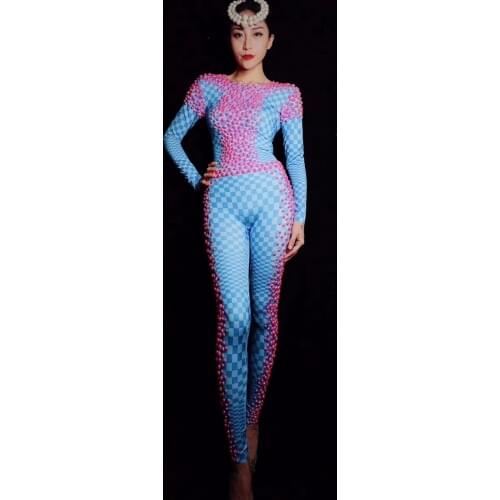 New Pink Pearls Stones Blue Plaid Pattern Jumpsuits Spandex One Piece Womens Birthday Party Outfit Women Singer Leggings