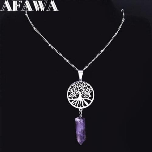 Stainless Steel Purple Crystal Tree of Life Hexagonal Bullet Reiki Point Chakra Stone Necklaces Jewelry collier femme NXS04
