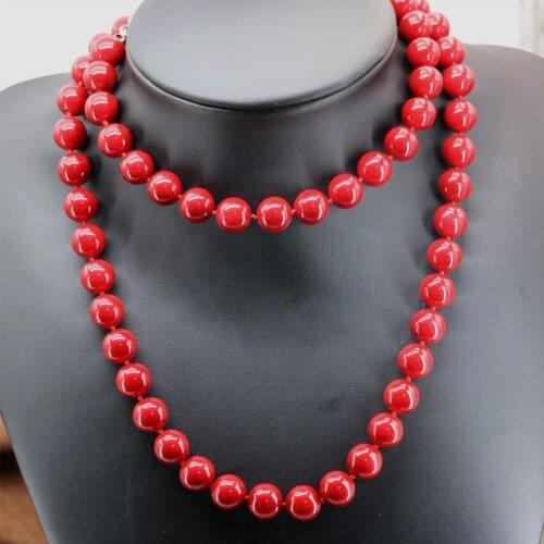 Glass imitation coral Rred artificial coral 12mm round beads necklace for women long chain women factory outlet jewelry 36inch