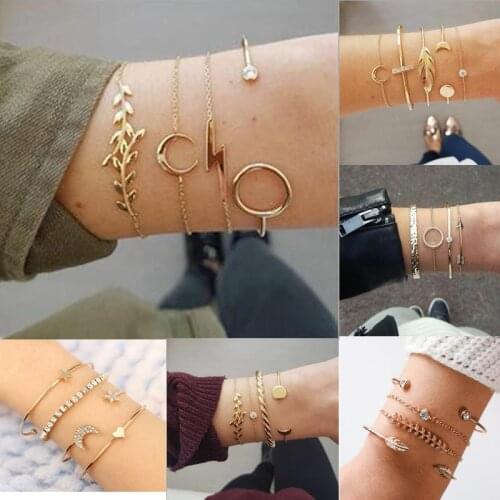 PICKYZ Gold Silver Color Crystal Leaf Moon Arrow Cat Braelet set for Women Geometric Open Adjustable Bracelet Bangles for women