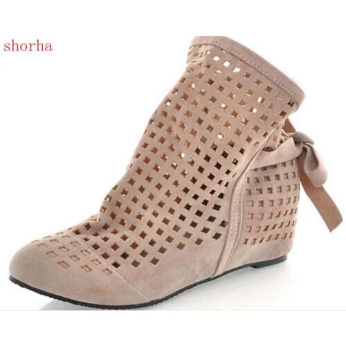 Size 34-43 Womens Boots Summer Cute Flock Flat Low Hidden Wedges Solid Cut-outs Ankle Boots Ladies Dress Casual Shoes 3 colors