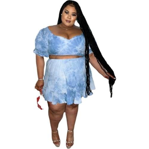 Plus Size Womens Clothing Fashion Casual Girly Sexy Print Tie Dye V Neck Short Sleevess Mid Waist Pleated Skirt Two Piece Set