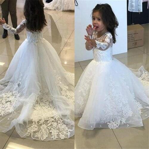 Flower Girls Dresses For Weddings Lace Illusion White Jewel Neck Removable Train Party Birthday Dress Children Girl Pageant Gown