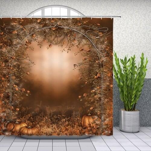 Halloween Shower Curtains Orange Pumpkin Vine Plant Flower Door Night View Holiday Themed Bathroom Decor Curtain Set
