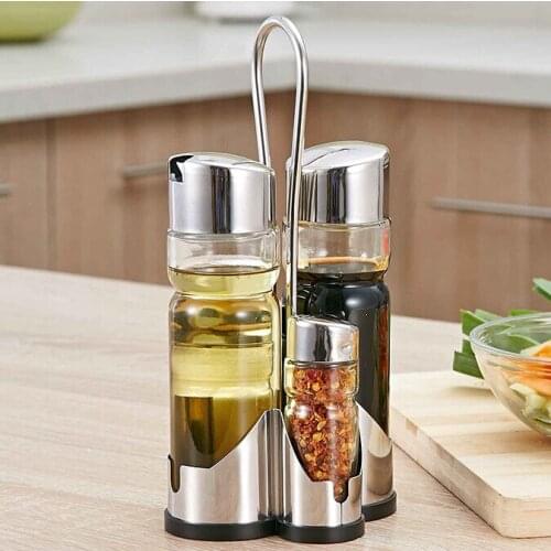 Stainless Steel Glass Seasoning Pot, Seasoning Bottle Set Four Piece Set Table Condiment Bottle Set Sauce Vinegar Bottle