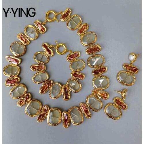 Y·YING Cultured Freshwater Brown Biwa Pearl Pearl Lemon Quartzs Necklace Bracelet Earrings Set classic for women