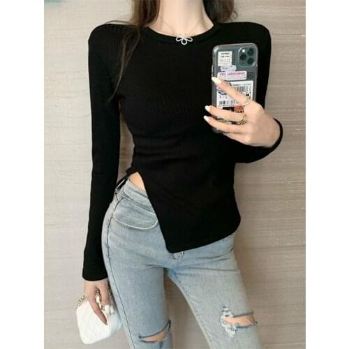 Women T-shirt Spring Autumn Clothes Short Long Sleeve Crop Tops Side Slid Sexy Female Slim Black White brown Tops Clubwear