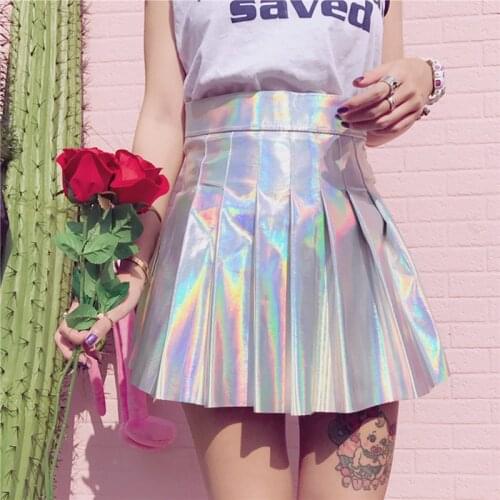 Runway Metallic A-Line Mini Skirt Women Summer Punk Holographic Hologram Skater Skirt High Waist Ball Gown Female Kawaii Mujer