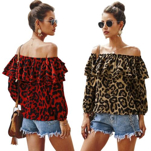 Leopard Print Ruffles Long Sleeve Shirt Women Fashion Slash Neck Chiffon Tops Office Lady Loose Casual Shirt Korean Clothes