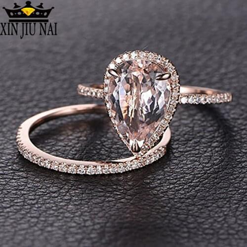 2/pcs Trendy Cubic Zirconia Morganite Crystal Wedding Rings For Women Rose Gold Engagement Ring Female Fashion Jewelry Gift