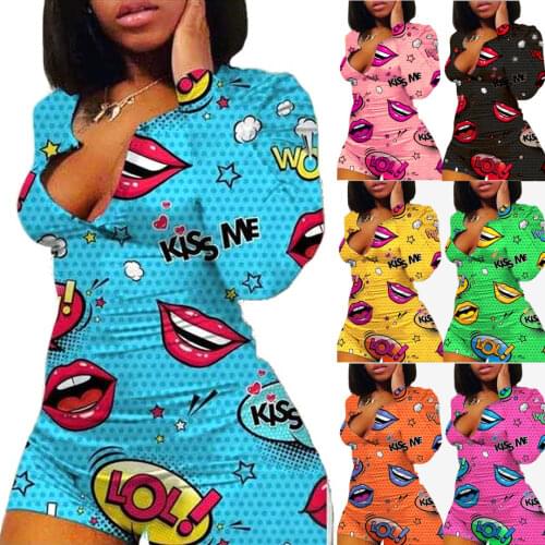 Echoine Women adult Onesies Jumpsuit Sleepwear lips Print Floral Shorts long Sleeve V Neck Sexy Bodycon Bodysuit Rompers Pants