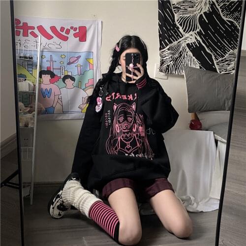 Japanese Red Lolita Sweet Kawaii Strawberry Sweatshirt Cat Graphic Cute Lace Up Pullover Women Female Cute Anime Hoodies Y2k