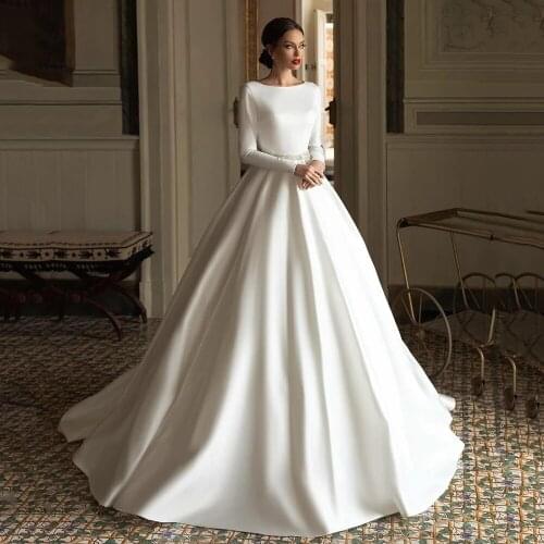 Fivsole Elegant Simple Satin Bridal Gowns Long Sleeves Open Back Vestidos De Novia 2021 Scoop Neckline Beading Belt Princess