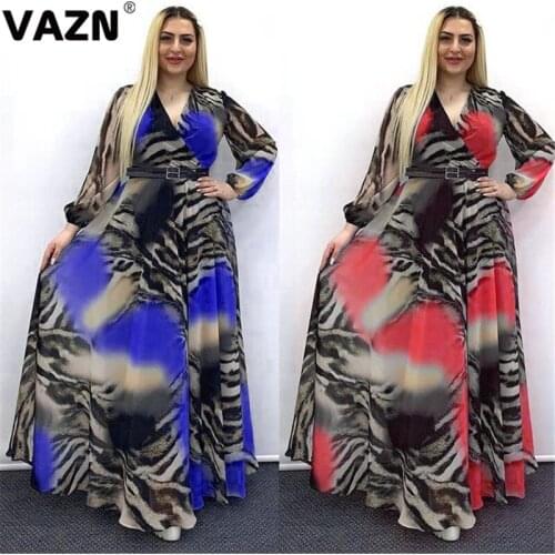 VAZN 2020 Hot List Plus Size High-end Chiffon Retro Sexy Club Free Deep V-Neck Full Sleeve Women High Waist A-line Maxi Dress