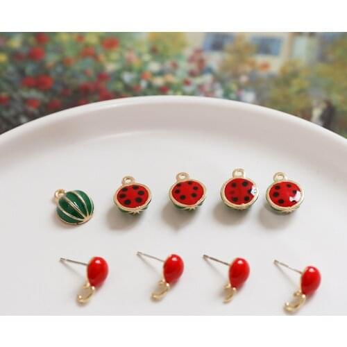 10pcs/pack 3D half Watermelon Fruit Earring Stud Enamel Charms Gold Color Pendants DIY Jewelry Making Handmade Craft