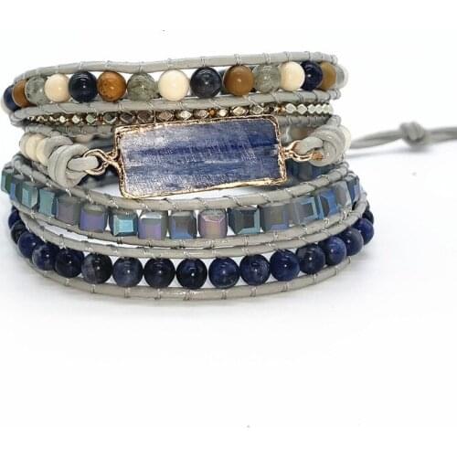 2019 Natural Stone Leather Charms Bracelet Femme Lapis-lazuli Mix 5 Strands Woven Beads Wrap Couple Bracelets For Women Bohemian