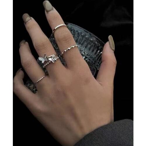 4Pcs/Set 2021 New Kpop Trend Zircon Butterfly Silver Color Charm Joint Rings Set For Woman Girls Bff Aesthetic Jewelry Gifts