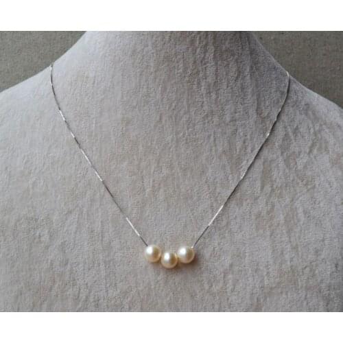 Elegant Flower Girl Pearl Necklace,18inches 7-8mm White Color Real Freshwater Pearl Necklace 3 pearls Sterling Silver Jewelry