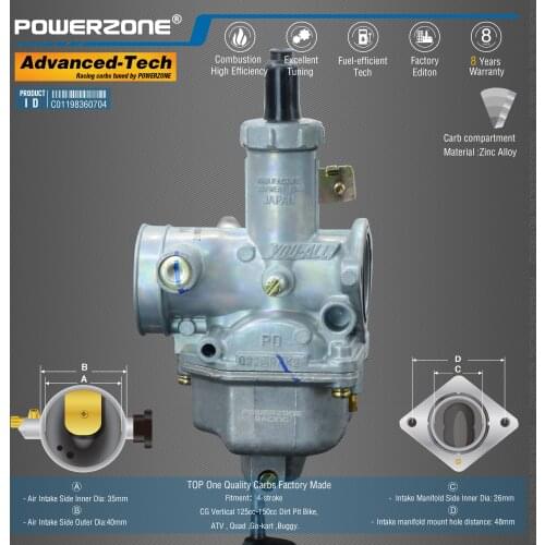 Powerzone Carburetor PZ26 26mm CVK Accelerator Pump Carb For CG Vertical 125cc-150cc Dirt Pit Bike,ATV , Quad ,Go-kart ,Buggy