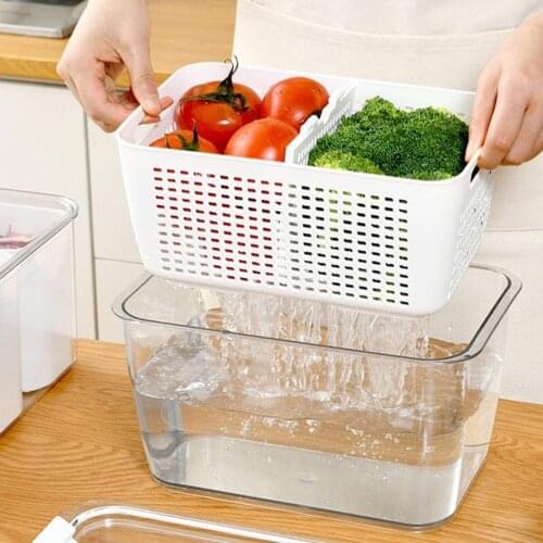 Fridge Drainage Basket w/ Lid Wash Vegetable Fruit PP Food Partitions Storage Box Vegetable Fruit Freshness Preservation Contain