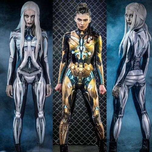 Robot Cosplay Costume Sexy Warrior Jumpsuit Women Science Fiction Modern Machine Female Tight Rompers Halloween Costumes C66C64