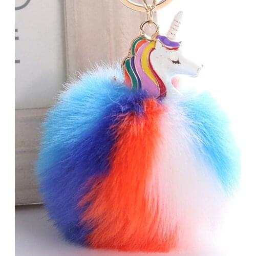 LELX 2018 faux Rabbit colorful fur Unicorn pompom Keychain ball key chain Horse pompon Bag Car Keyring Key holder