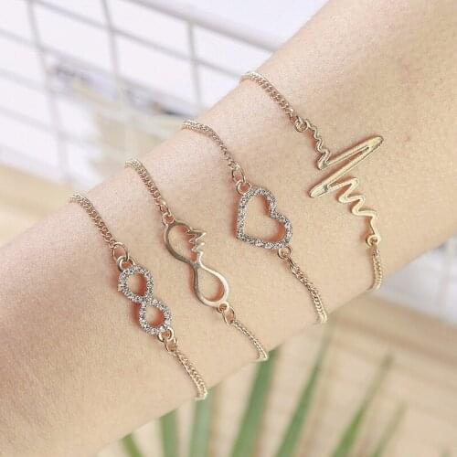 NEW Set Bohemian Gold Color Hollow Alloy Zircon Heart Bracelet Set for Women Heartbeat Pendant Bracelet 2021 Charm Jewelry