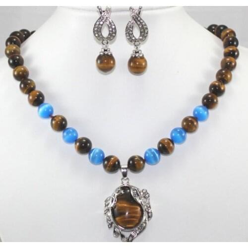 8mm Tiger Eye Stone Pendant Necklace Earrings metal silver plated jewelry set gift