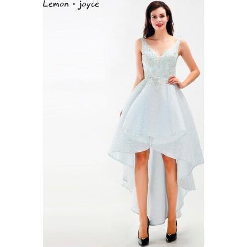 Lemon joyce Sky Blue Prom Dresses 2020 V-neck Backless Short Front Long Back Dress Girls Party Dress Plus Size robe classe