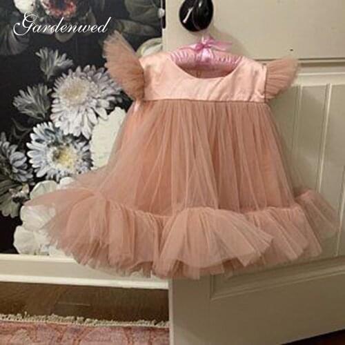 Gardenwed Simple Puffy Girls Princess Dress Tulle Satin Wedding Dresses Girl Ball Gown Kids Lovely Cute Communion Dresses