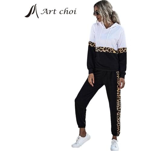 Spring Autumn Women Leopard Tracksuit Suit 2 Pieces Sets Hoodies Sweatshirt And Sport Pants Suits Casual Outfits Lady Sportswear