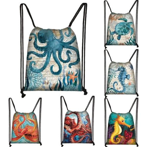 Seahorse Turtle Pattern drawstring bag women fashion storage bag shopping bag teenager girls bookbag Octopus backpack