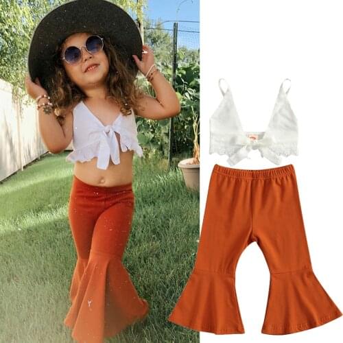Citgeett Summer Kids Baby Girl Solid Color Set Straps Crop Tops and Flared Long Pants 2-piece Suits Set Clothes