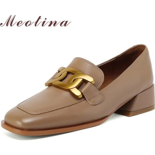 Meotina Med Heels Genuine Leather Women Shoes Block Heel Loafers Shoes Metal Decoration Square Toe Pumps Slip On Ladies Footwear