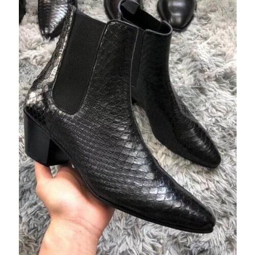 Factory sale customized luxury Serpentine cow leather Men Wedge Chelsea Boots pionted toe real leather shoes