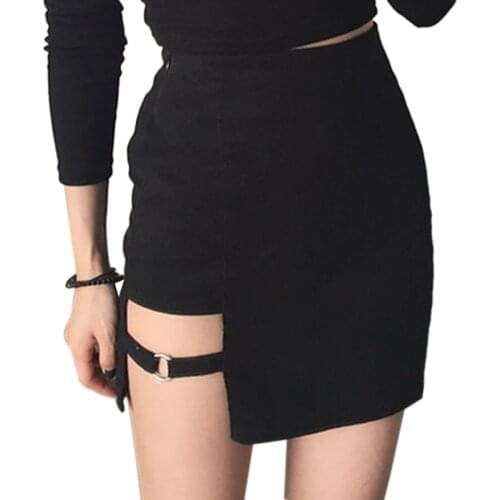 Womens Skirt Sexy Hollow Out Mini Asymmetrical Saias Metal Ring Decoration Irregular Cut Design Faldas Female Skirt Ultra thin