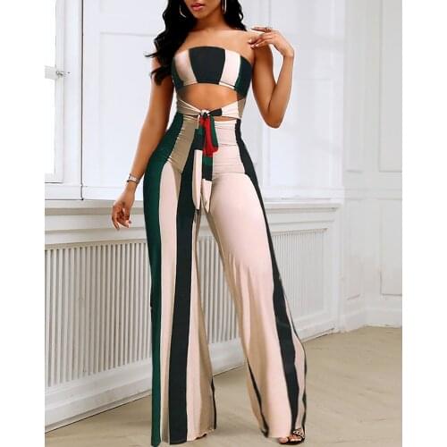 2020 Women Fashion Elegant Casual Hollow Out Sexy Dot Print Sleeveless Jumpsuits Striped Colorblock Cutout Bandeau Jumpsuit