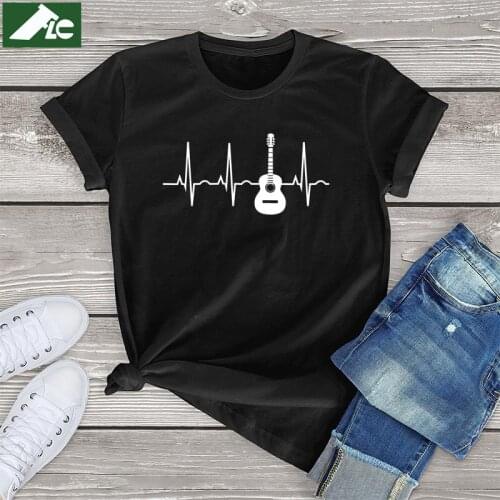 100% Cotton graphic Guitar Women Shirt Girl Harajuku Heartbeat Guitar Short Sleeve Tees Unisex Mens T Shirt Vintage Girls Tops