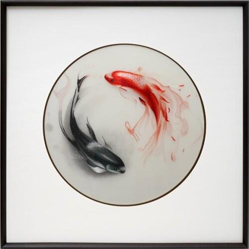 CX New Chinese Taiji Fish Living Room Decorative Painting Handmade Jiangsu Embroidery Entrance Painting