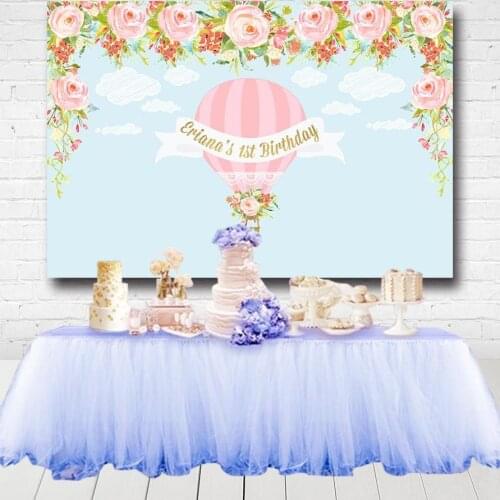 Pink Flowers Girls Baby Shower Newborn 1st Birthday Party Photography Backdrops Hot Air Balloons Blue Sky Backgrounds Photocall