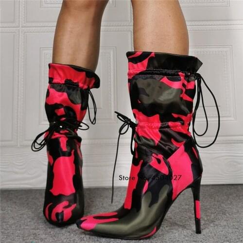 Camouflage Thin High Heel Boots Colorful Stilettos Fashion Mid-Calf Boots Lace-up Pointed Toe Dress Shoes Pumps
