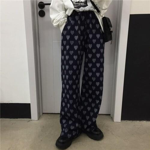 Korean Fashion Blue Heart Print Jogging Sweatpants Women Baggy Harajuku Streetwear Joggers Sports Pants Wide Leg Trousers