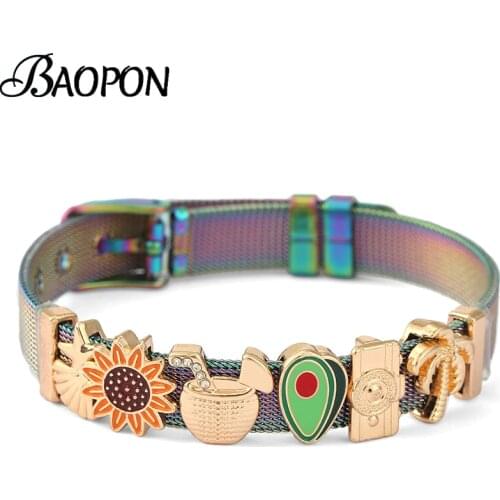 Summer Style Colorful Avocado Charm Slide Beads Fit Beach Style Fashion Stainless Steel Mesh Bracelets For Women Jewelry Gift