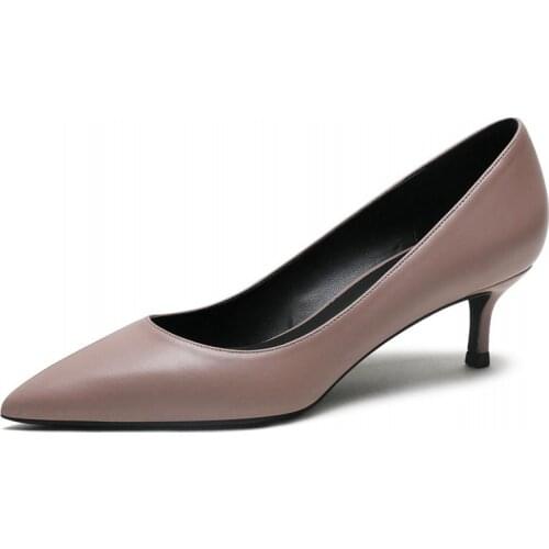 Fashion Black Med High Heels 2020 New Genuine Leather Womens Professional Work Shoes Pointed Toe Stiletto Pumps Shoes N0006